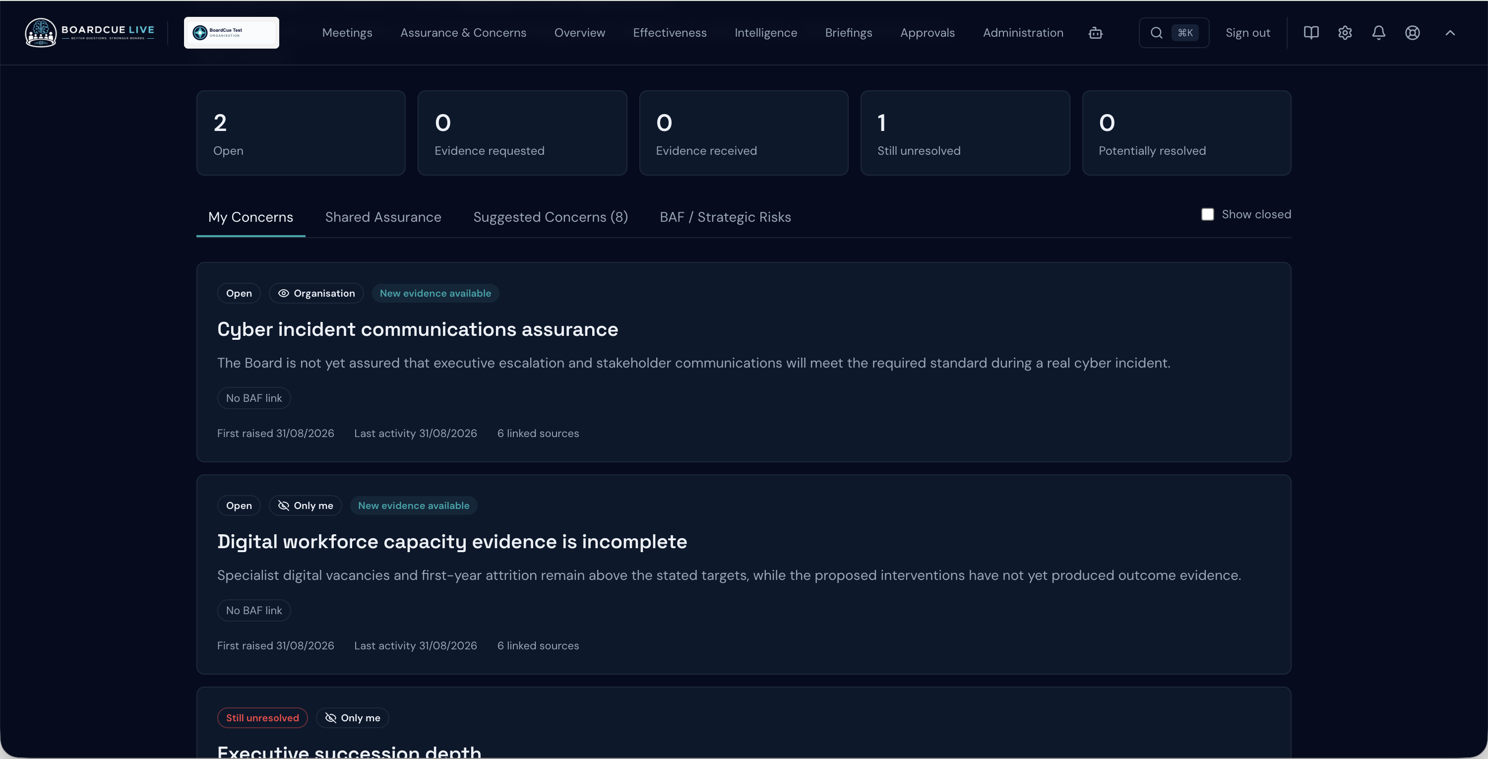 BoardCue Assurance and Concerns workspace