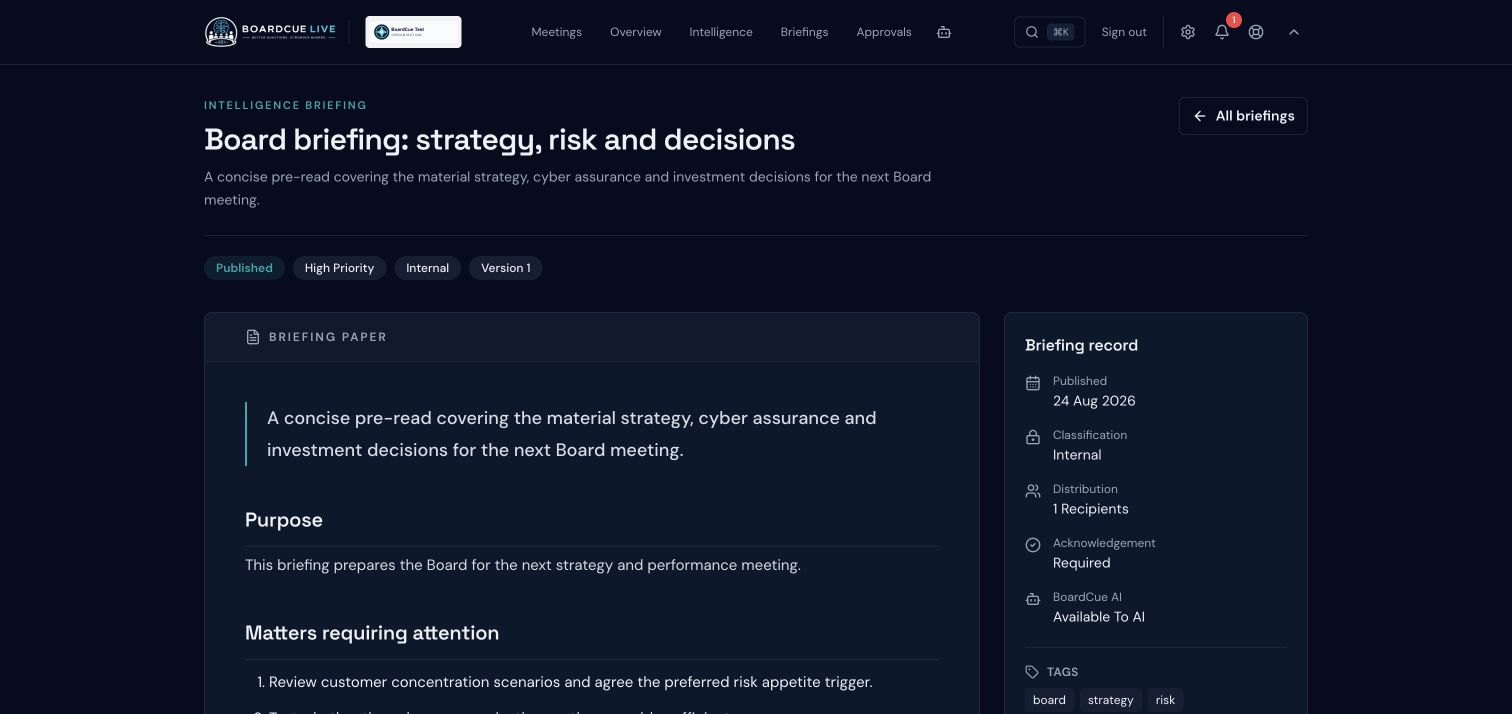BoardCue Live a governed briefing with supporting context and controlled publication.