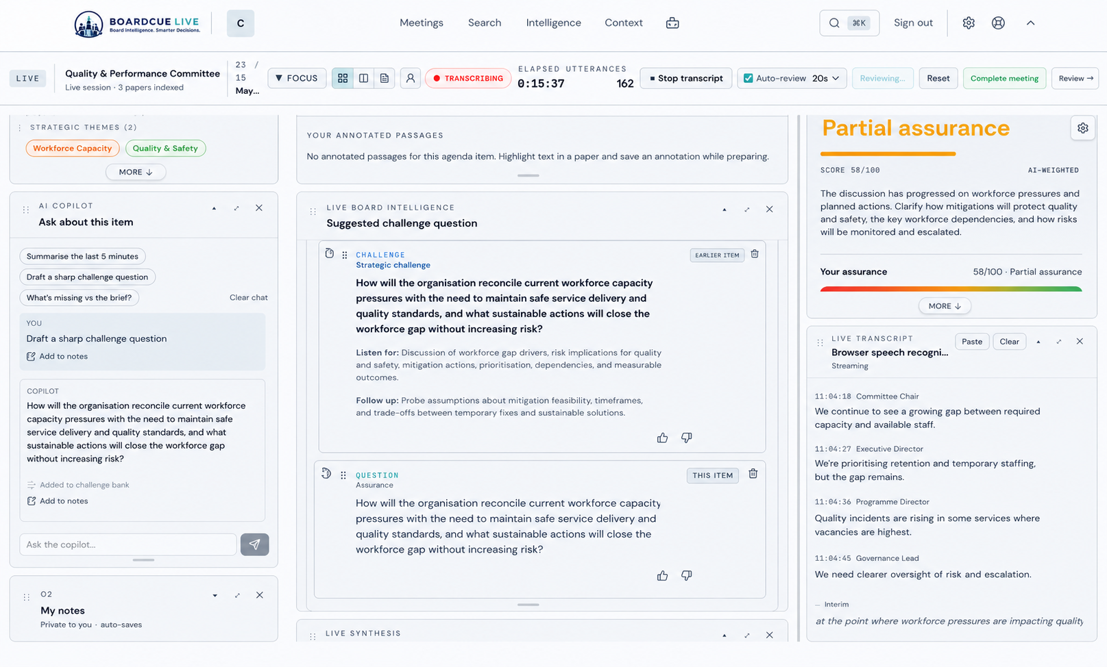Populated live strategic challenge with listening guidance and partial assurance